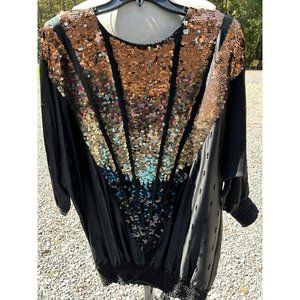 Silk And Sequin Blouse Vintage Three Flags XS Black Copper